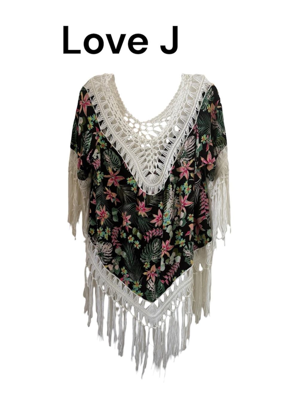 love J Black Floral Crochet Fringe Cover-Up L